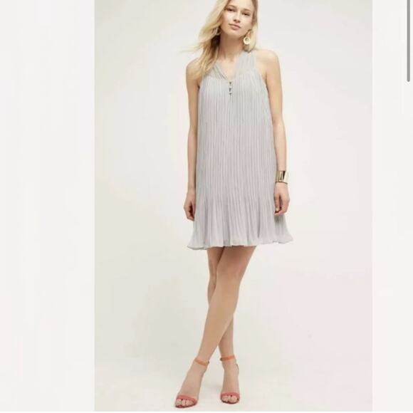 Anthropologie HD in Paris grey pleated chiffon mini‎ dress ruffles small petite - Picture 1 of 7